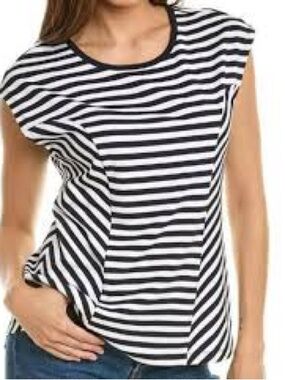CAbi Illusion Tee navy and white Striped Cap-Sleeve top NWOT